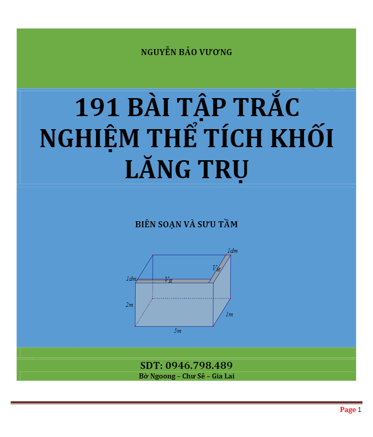 191 bài tập trắc nghiệm thể tích khối lăng trụ - Nguyễn Bảo Vương